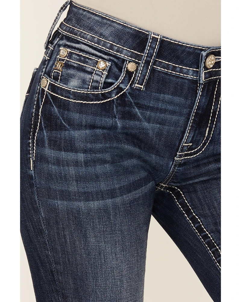 Miss Me Women's Dark Wash Mid Rise Faux Flap Pocket 30" Bootcut Stretch Denim Jeans