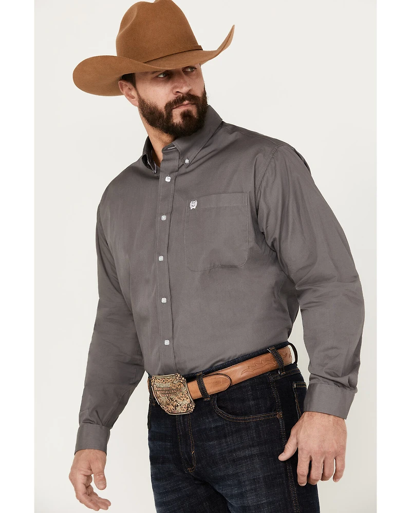 C‌inch Men's Solid Dove Gray Button Long Sleeve Shirt