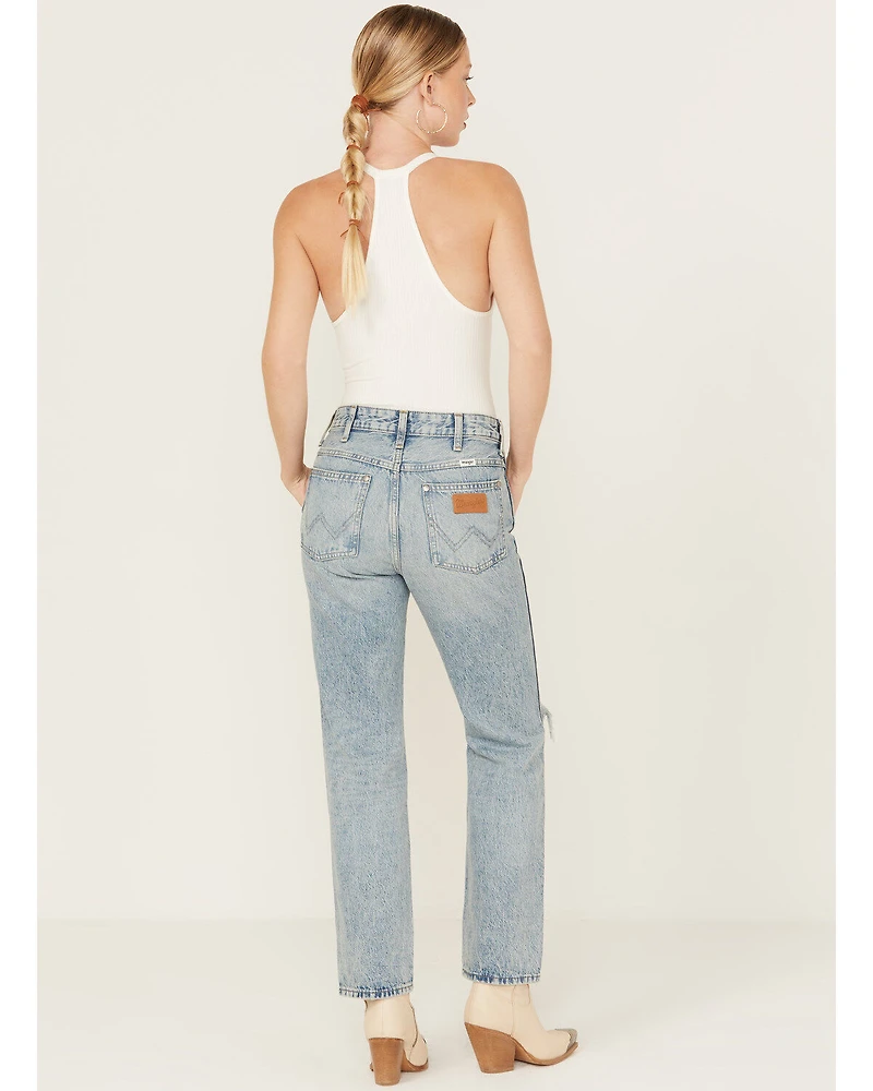 Wrangler Women's Wild West Destructed Light Wash High Rise Straight Jeans