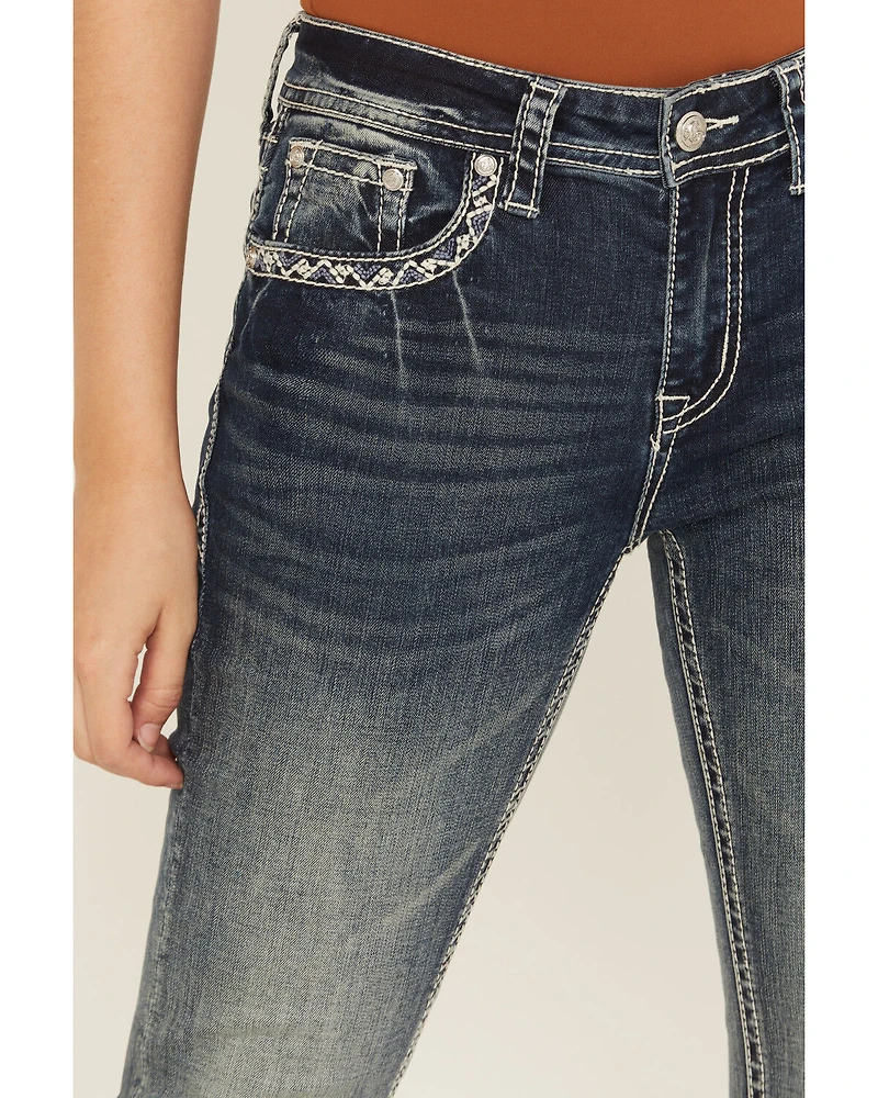 Grace LA Women's Medium Wash Floral Embroidered Mid Rise Bootcut Stretch Denim Jeans