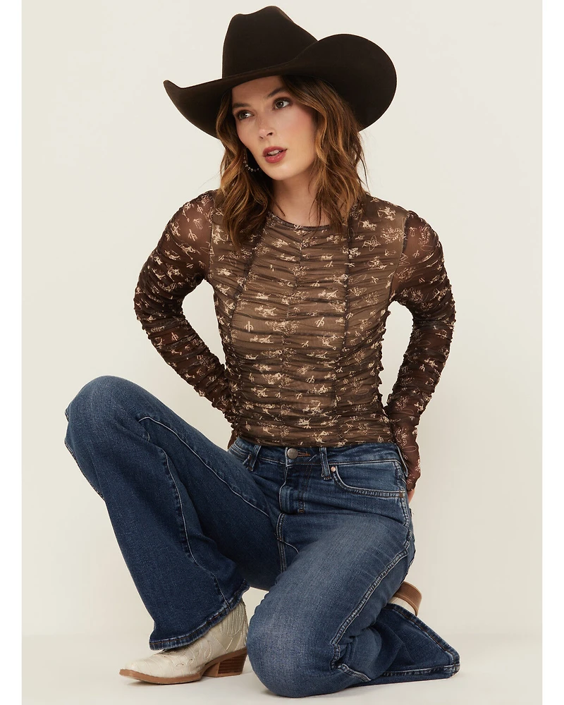 Blue B Women's Conversation Print Mesh Long Sleeve Shirt