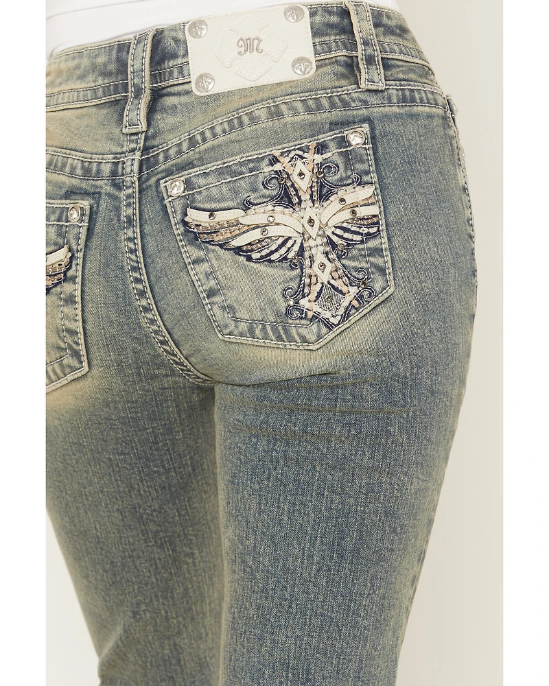 Miss Me Women's Dark Wash Mid Rise Winged Pocket 32" Bootcut Stretch Denim Jeans