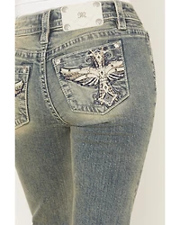 Miss Me Women's Dark Wash Mid Rise Winged Pocket 32" Bootcut Stretch Denim Jeans