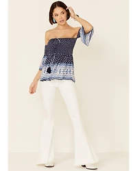 Temped Women's Border Print Smocked Off Shoulder Short Sleeve Top