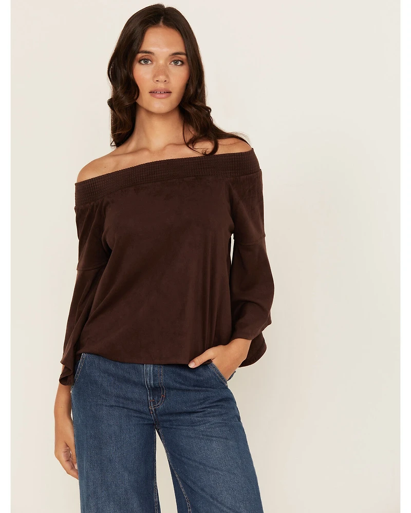 Shyanne Women's Solid Faux Suede Off The Shoulder Long Sleeve Shirt