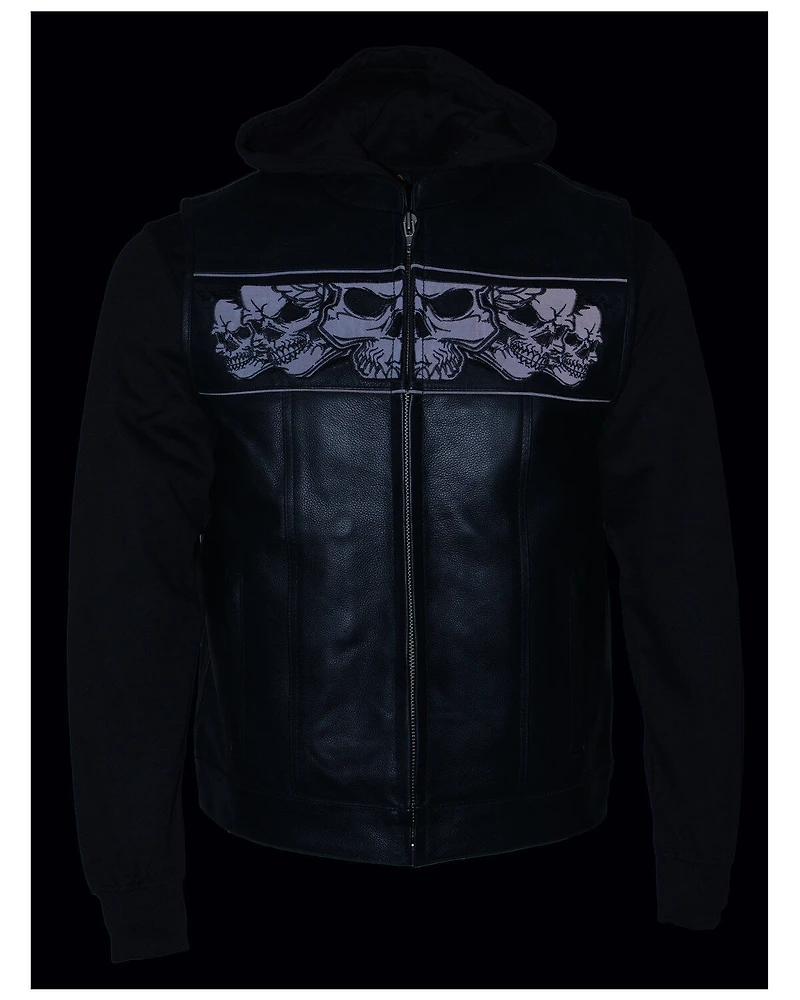 Milwaukee Leather Men's Concealed Carry Vest with Reflective Skulls and Removeable Hoodie