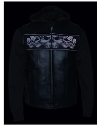 Milwaukee Leather Men's Concealed Carry Vest with Reflective Skulls and Removeable Hoodie