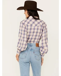 Wrangler Women's Balloon Sleeve Plaid Print Snap Western Shirt