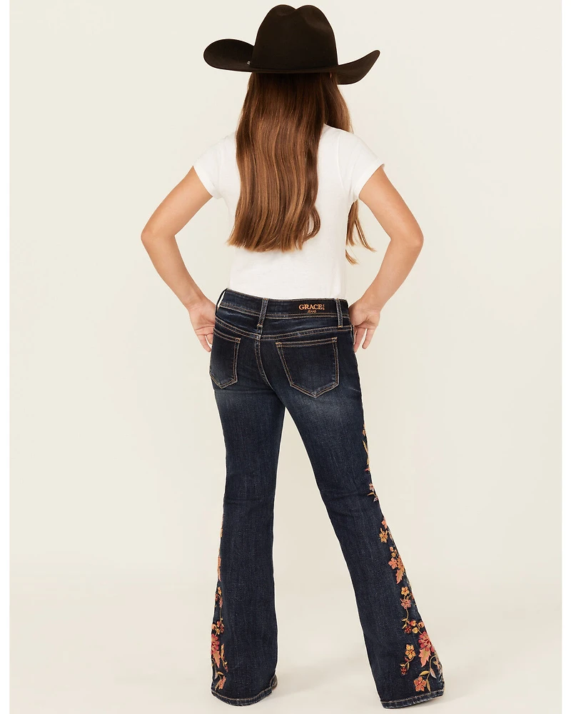 Grace LA Girls' Dark Wash Floral Embroidery Flare Stretch Denim Jeans