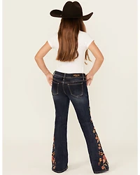 Grace LA Girls' Dark Wash Floral Embroidery Flare Stretch Denim Jeans