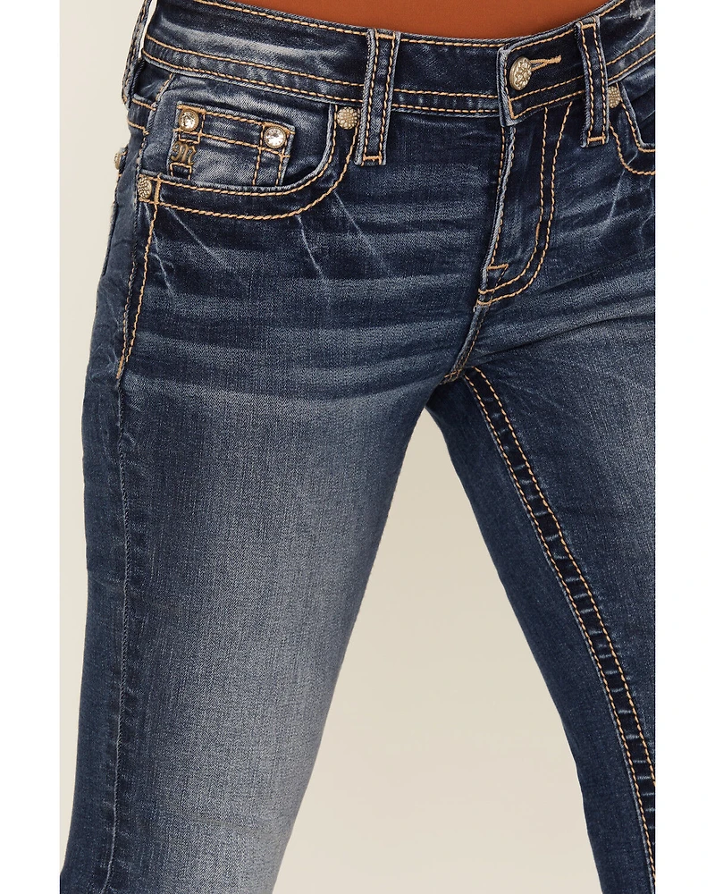 Miss Me Women's Dark Wash Mid Rise Leaf Pocket 32" Bootcut Stretch Denim Jeans