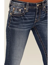 Miss Me Women's Dark Wash Mid Rise Leaf Pocket 32" Bootcut Stretch Denim Jeans