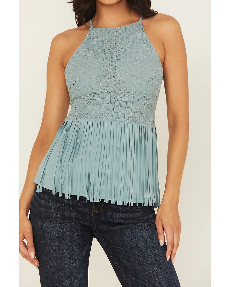 Shyanne Women's Stretch Lace Halter Fringe Tank
