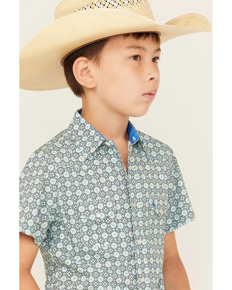 Rodeo Clothing Boys' Medallion Print Short Sleeve Pearl Snap Western Shirt