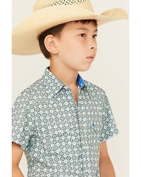 Rodeo Clothing Boys' Medallion Print Short Sleeve Pearl Snap Western Shirt