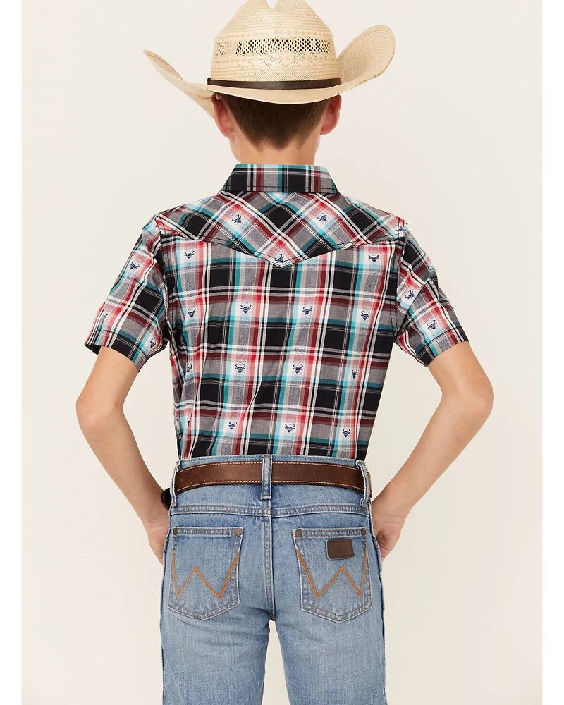 Cody James Boys' Steerhead Plaid Print Short Sleeve Snap Western Shirt