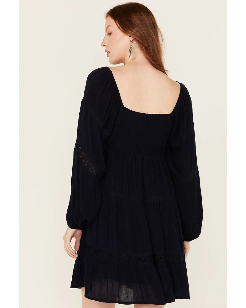 Jolt Women's Lace Trim Long Sleeve Tiered Mini Dress