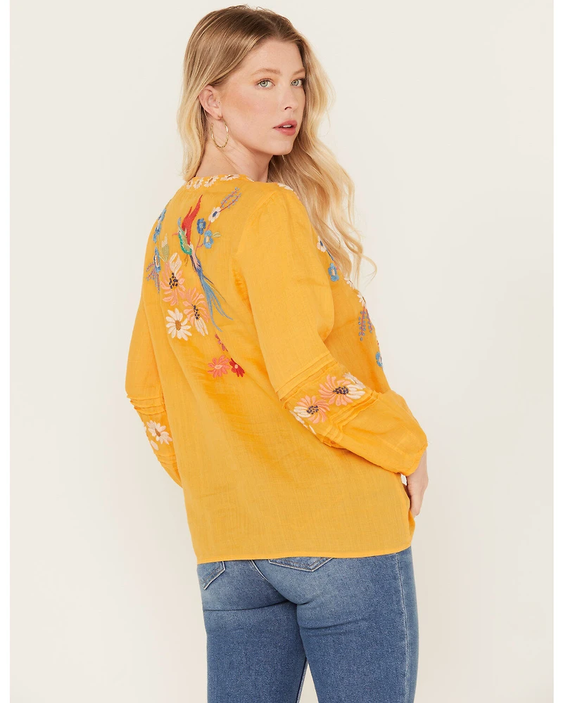 Johnny Was Women's Marissa Floral Embroidered Long Sleeve Pintuck Blouse