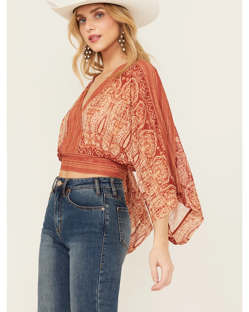 Beyond The Radar Women's Mesh Printed Long Sleeve Crop Top