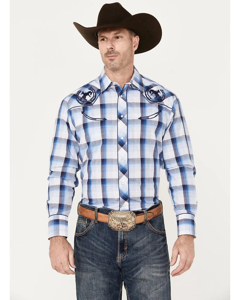 Roper Men's Embroidered Plaid Print Long Sleeve Pearl Snap Western Shirt