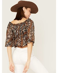 Wild Moss Women's Floral Print Tie-Front Peplum Crop Top