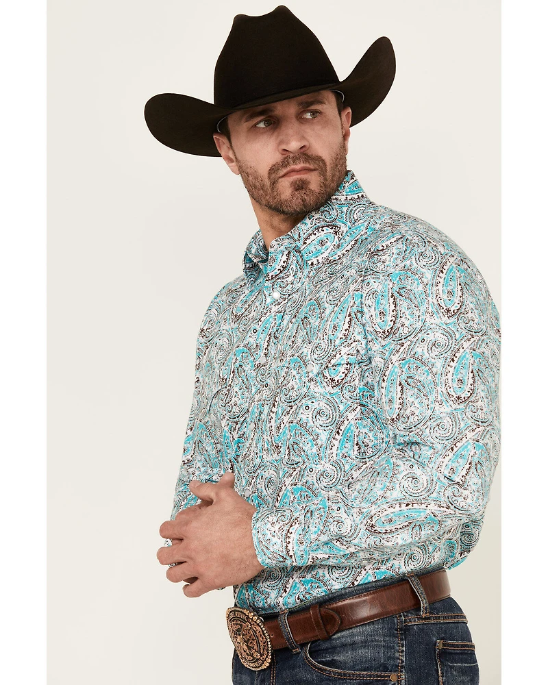 Rough Stock by Panhandle Men's Paisley Print Long Sleeve Pearl Snap Stretch Western Shirt