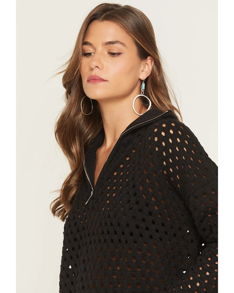 Elan Women's Crochet Half Zip Long Sleeve Sweater
