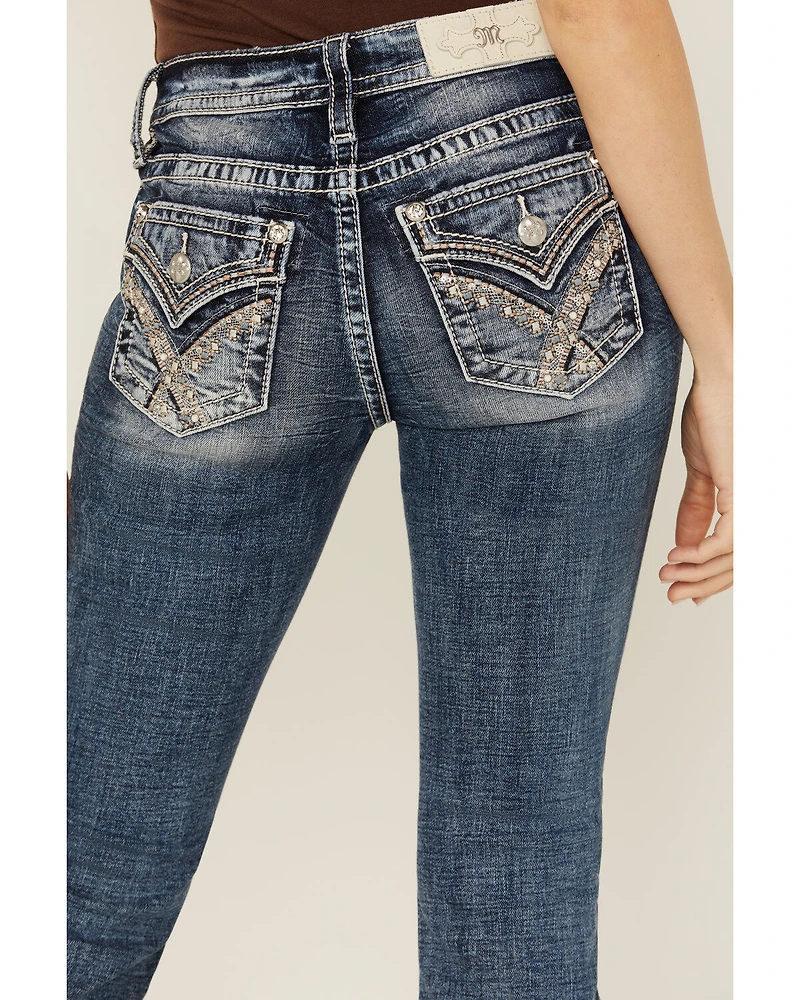 Miss Me Women's Dark Wash Mid Rise 32" Bootcut Stretch Denim Jeans