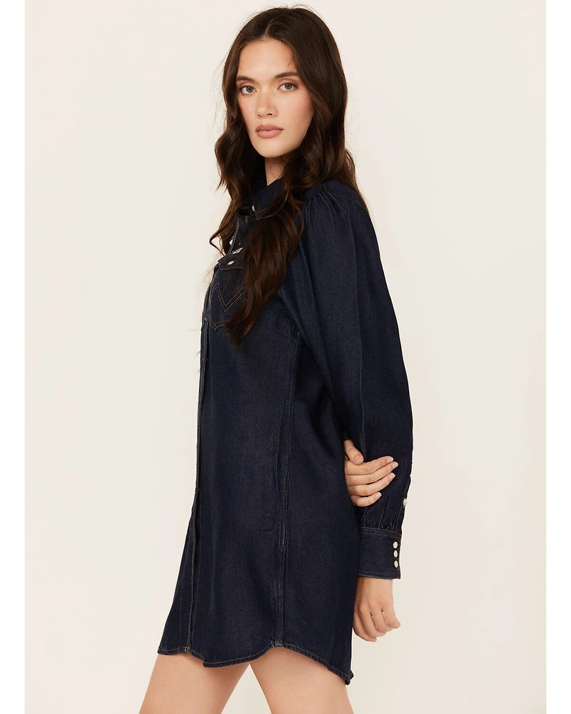 Wrangler Women's Dark Wash Denim Balloon Sleeve Shirt Mini Dress