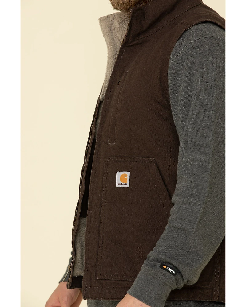 Carhartt Men's Dark Brown Washed Duck Sherpa Lined Mock Neck Work Vest - Tall