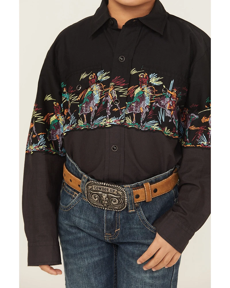 Roper Boys' Striped Border Print Long Sleeve Snap Western Shirt