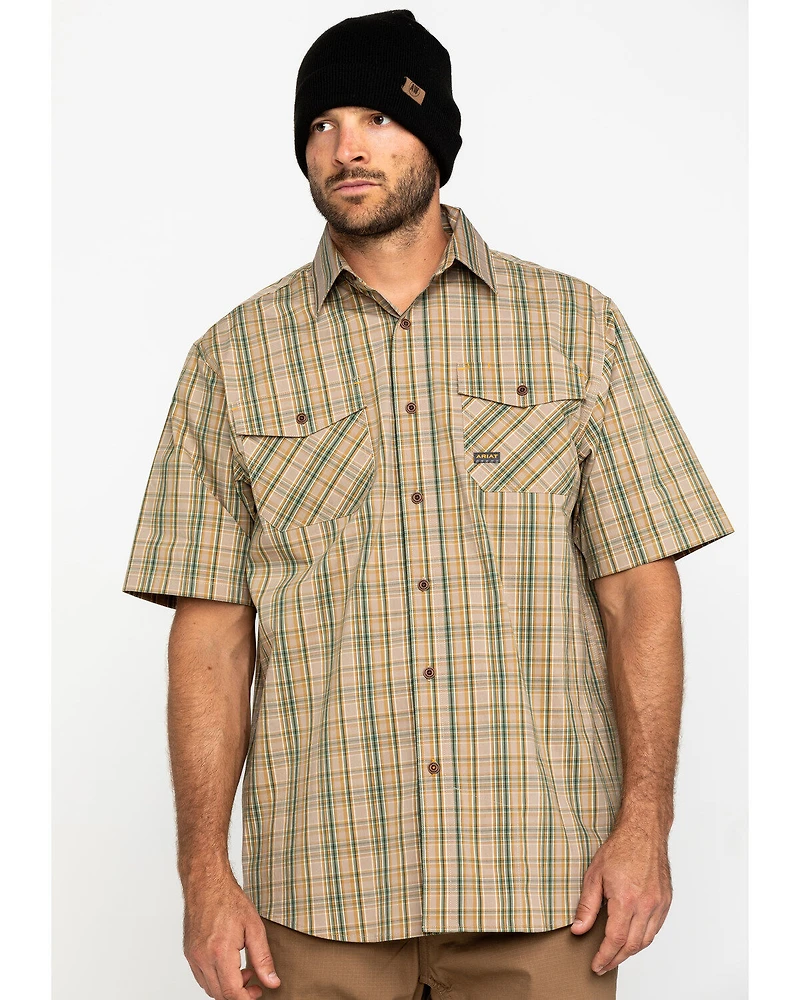 Ariat Men's Tan Plaid Rebar Made Tough Short Sleeve Work Shirt
