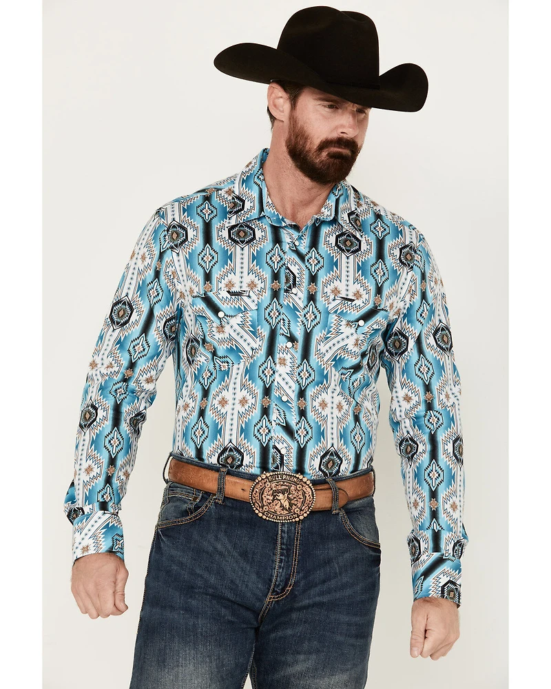 Rock & Roll Denim Men's Southwestern Print Long Sleeve Pearl Snap Stretch Western Shirt