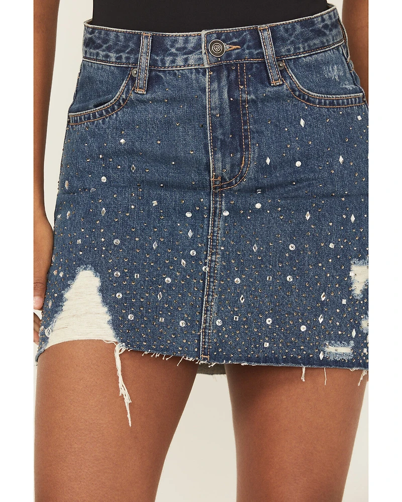 Rock & Roll Denim Women's Medium Wash Embellished Mini Skirt