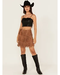 Fornia Women's Rhinestone Fringe Faux Suede Mini Skirt