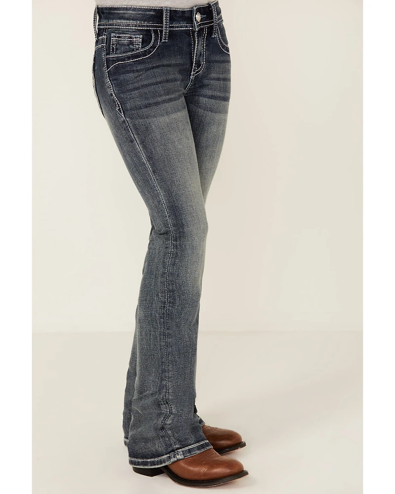 Grace LA Girls' Medium Wash Embroidered Pocket Bootcut Stretch Denim Jeans