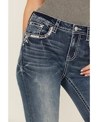 Grace LA Women's Medium Wash Mid Rise Feather Pocket Bootcut Stretch Denim Jeans