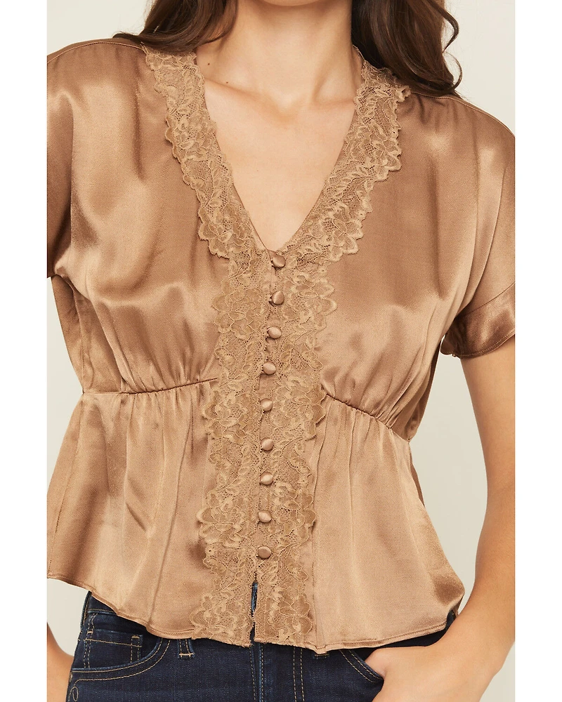 Shyanne Women's Satin Lace Trim Short Sleeve Button-Down Shirt