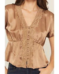 Shyanne Women's Satin Lace Trim Short Sleeve Button-Down Shirt