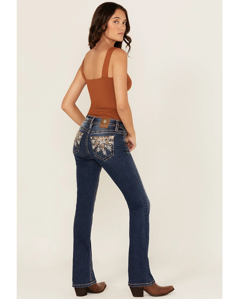 Miss Me Women's Dark Wash Mid Rise Leaf Pocket 32" Bootcut Stretch Denim Jeans