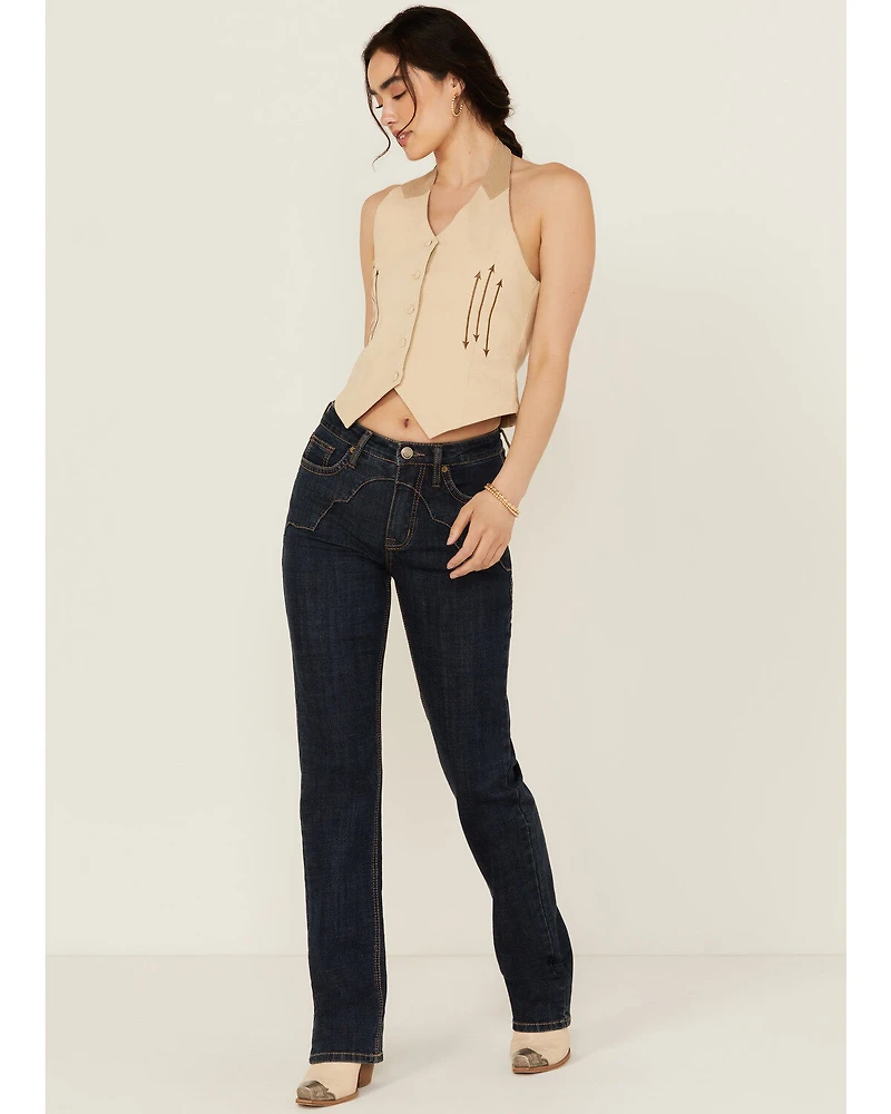 Rock & Roll Denim Women's Dark Wash High Rise Western Yoke Modest Bootcut Stretch Jeans