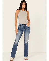 Miss Me Women's Medium Wash Mid Rise Fleur de Lis Pocket 32" Bootcut Stretch Denim Jeans