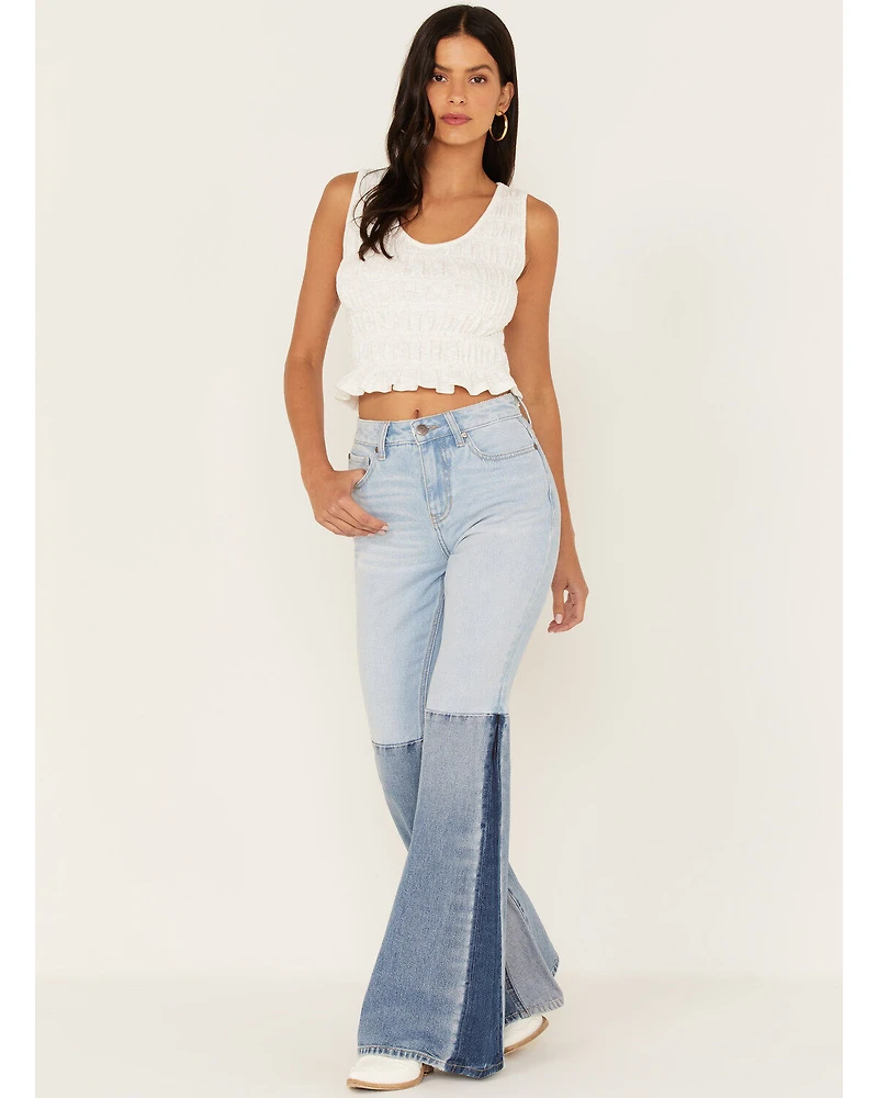 Shyanne Women's Two Tone Seamed Light Wash High Rise Flare Jeans