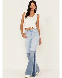 Shyanne Women's Two Tone Seamed Light Wash High Rise Flare Jeans