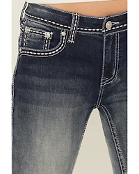 Grace LA Women's Medium Wash Fleur De Lis Embroidered Mid Rise Bootcut Stretch Denim Jeans