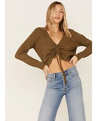 Wild Moss Women's Olive Ribbed Lurex Cinch Front Knit Top