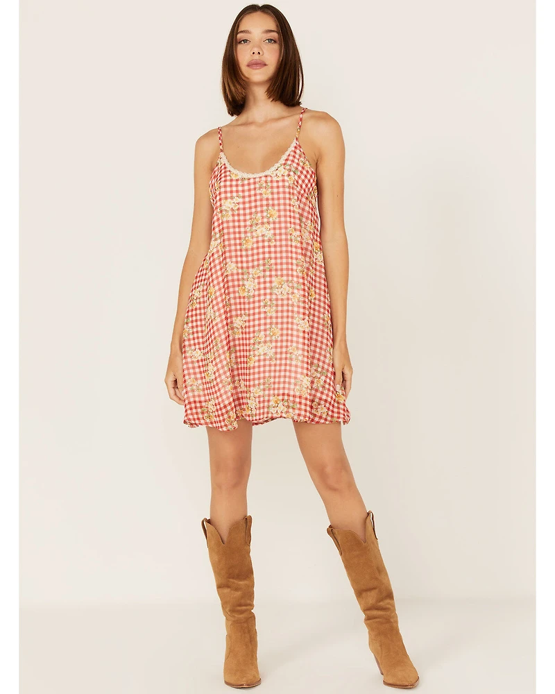 Wild Moss Women's Gingham Floral Print Slip Mini Dress