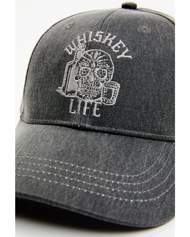 Moonshine Spirit Men's Embroidered Whiskey Life Skull Solid Ball Cap
