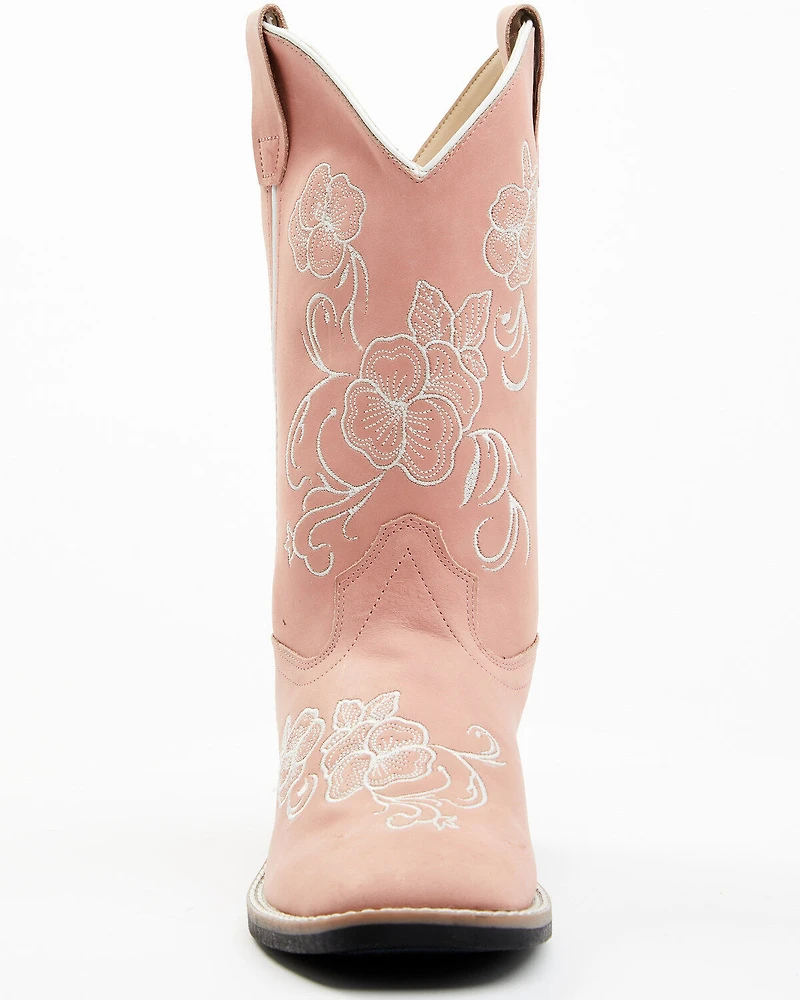 Shyanne Girls' Little Lasy Floral Embroidered Leather Western Boots - Broad Square Toe