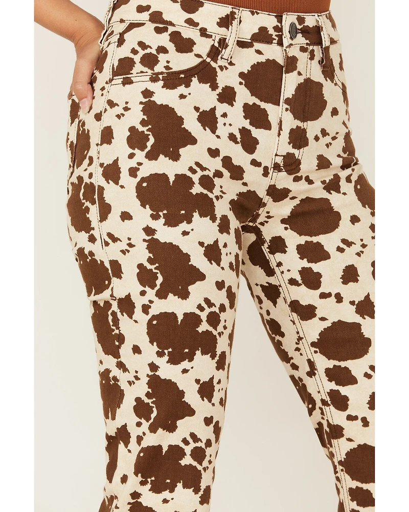 Rock & Roll Denim Women's Cow Print High Rise Bargain Modest Bootcut Stretch Jeans